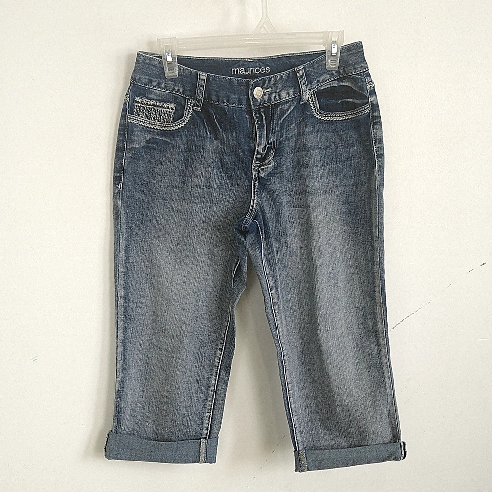 Maurices Capri Jeans Women 7/8 Blue Embellished Rhinestone Embroidered Cuffed